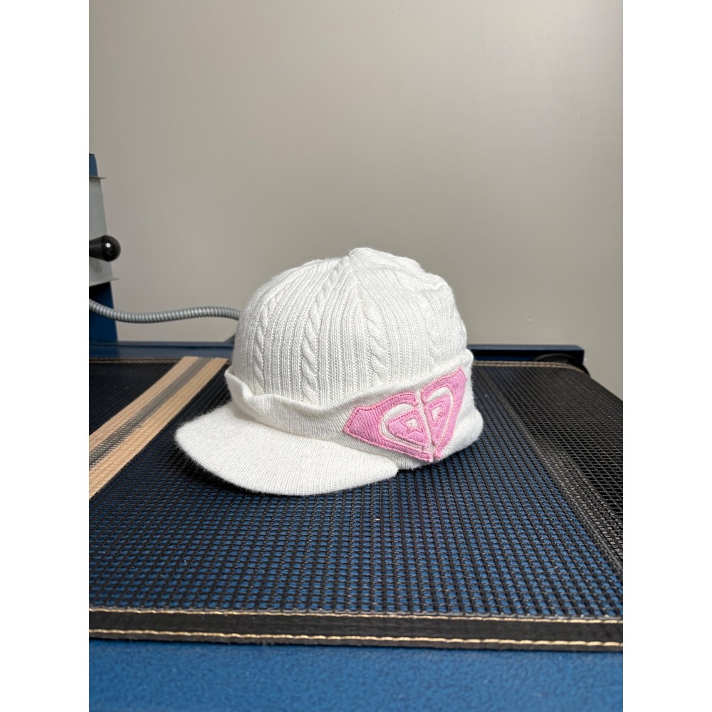 Roxy White Cable Knit Visor Beanie Pink Logo Patch Y2K Winter Hat One Size